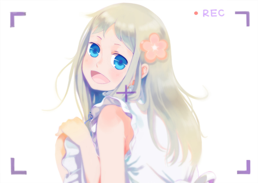 blue_eyes dress flower foodpuppet hair_ornament honma_meiko long_hair open_mouth silver_hair sleeveless sleeveless_dress solo