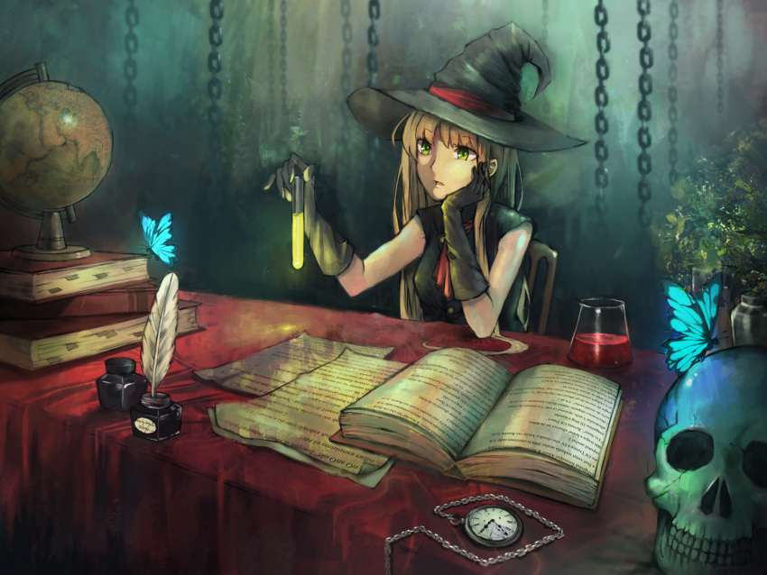 book butterfly feathers globe gloves hat ink original pocket_watch seafh skull test_tube watch witch witch_hat