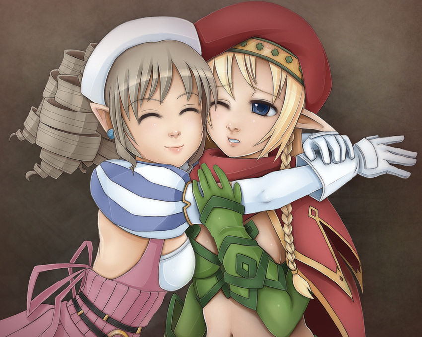 ^_^ alleyne beret blonde_hair blue_eyes braid breasts cape closed_eyes drawfag drill_hair earrings elbow_gloves eyes_closed gloves hat hug jewelry lips midriff multiple_girls navel nose pointy_ears queen's_blade queen's_blade side_braid wink ymir