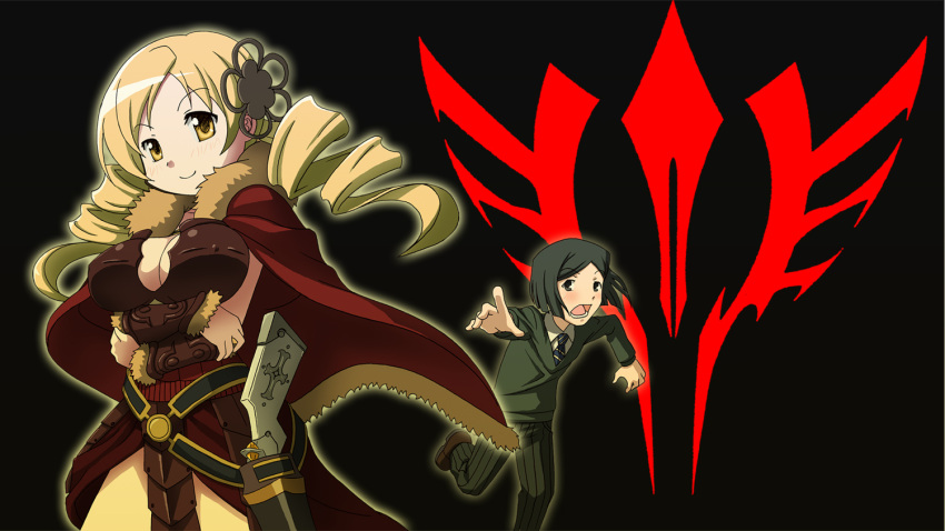 1girl bangs baron_(baron-eros) black_hair blonde_hair breast_hold breasts cape cleavage command_spell cosplay creator_connection crossover drill_hair fate/stay_night fate/zero fate_(series) gun hair_ornament holster large_breasts magical_musket mahou_shoujo_madoka_magica necktie parted_bangs rider_(fate/zero) rider_(fate/zero)_(cosplay) short_hair smile tomoe_mami twin_drills urobuchi_gen waver_velvet weapon yellow_eyes