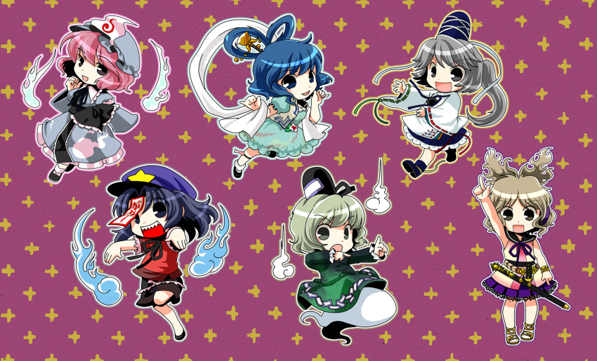beret blue_eyes blue_hair blush brown_eyes brown_hair chibi dress earmuffs ghost ghost_tail green_dress green_eyes green_hair grey_eyes grey_hair hair_rings hair_stick hat headphones highres hitodama japanese_clothes jiangshi kaku_seiga miyako_yoshika mononobe_no_futo multiple_girls ofuda open_mouth outstretched_arms pink_eyes pink_hair ponytail ribbon saigyouji_yuyuko shawl short_hair silver_hair skirt smile socha soga_no_tojiko star sword tate_eboshi ten_desires touhou toyosatomimi_no_miko triangular_headpiece weapon zombie_pose