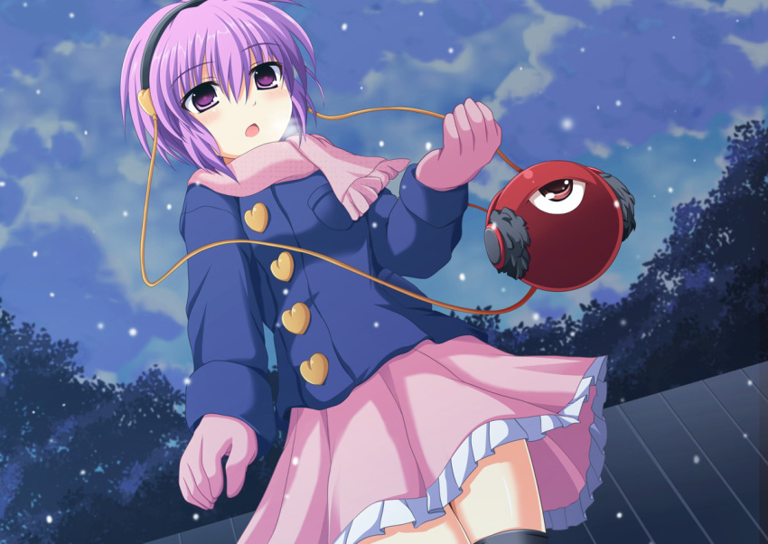 alternate_costume blush cross_(crossryou) earmuff earmuffs eyeball gloves hairband heart komeiji_satori pink_eyes pink_hair scarf short_hair skirt solo third_eye touhou