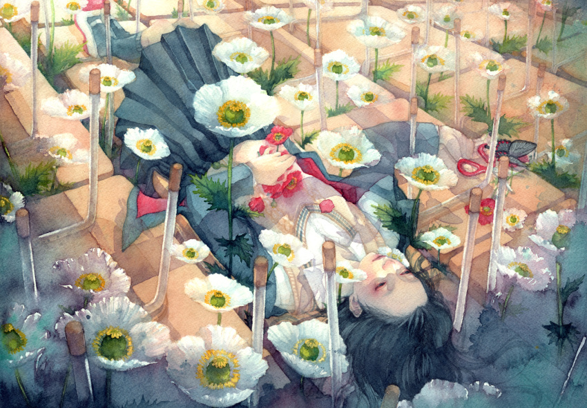 black_hair butterfly desk flower footwear jacket long_hair lying on_back original pleated_skirt poppy_(flower) school_uniform scissors shoes shuka_(taupe) skirt socks solo sweater_vest traditional_media uwabaki watercolor_(medium)