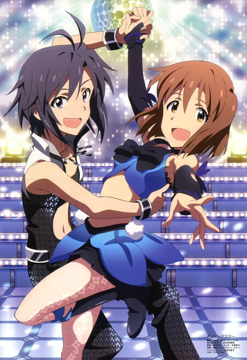 absurdres black_hair boots brown_hair detached_sleeves dnacing hagiwara_yukiho highres holding_hands idolmaster kikuchi_makoto legs megami multiple_girls nishigori_atsushi official_art open_mouth short_hair