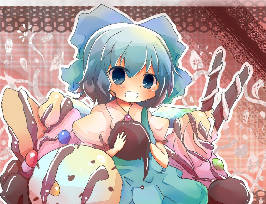 blue_eyes blue_hair blush bow brooch candy chocolate cirno cookie flower hair_bow holding jewelry leaf nanahamu pleated_skirt ribbon short_hair skirt smile touhou
