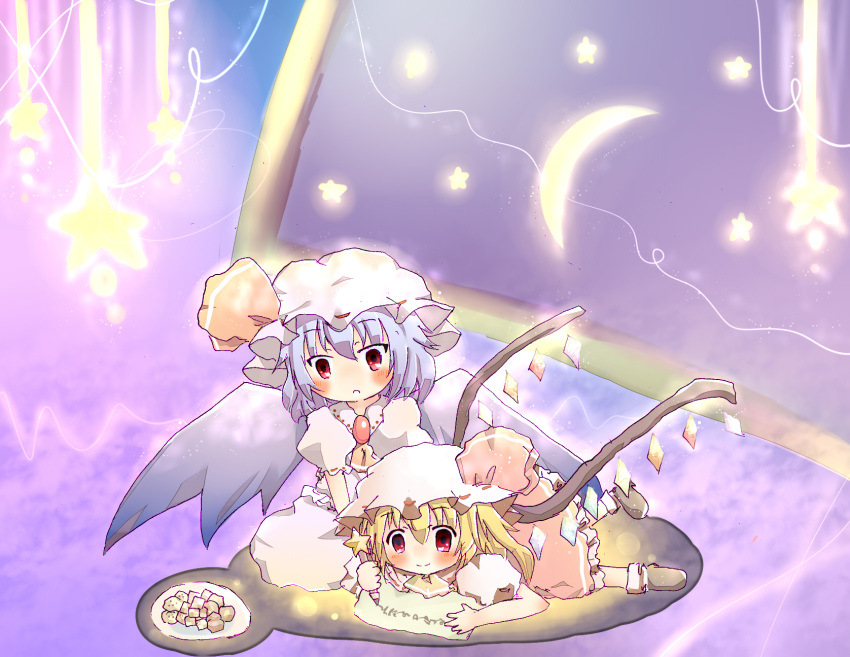 2girls blue_hair blush brooch candy cookie drawing dress flandre_scarlet food frilled_dress frills grin hat hat_ribbon highres jewelry lying moon multiple_girls nanahamu night on_stomach open_mouth paper pencil plate red_eyes remilia_scarlet ribbon scribble short_hair siblings sisters sitting smile star touhou wings