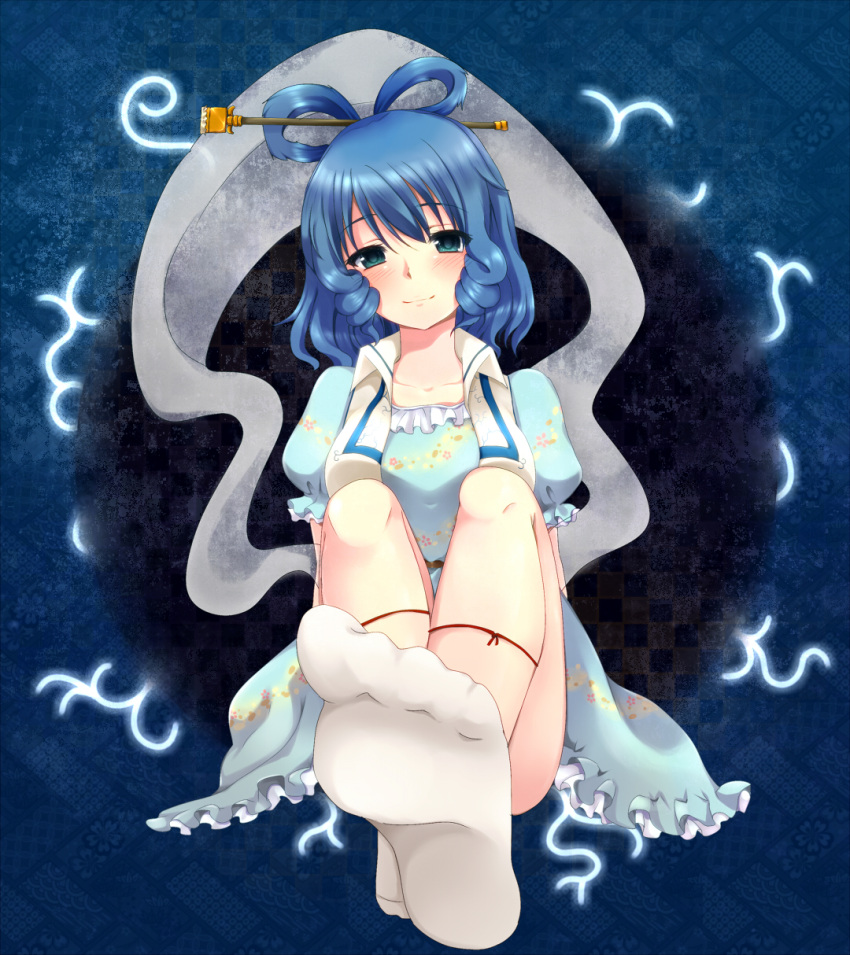 ankle_socks blue_eyes blue_hair blush dress feet foreshortening hair_rings hair_stick highres kaku_seiga looking_at_viewer nnyara nyara_nico pov_feet ribbon shawl sitting smile socks soles solo touhou vest white_legwear