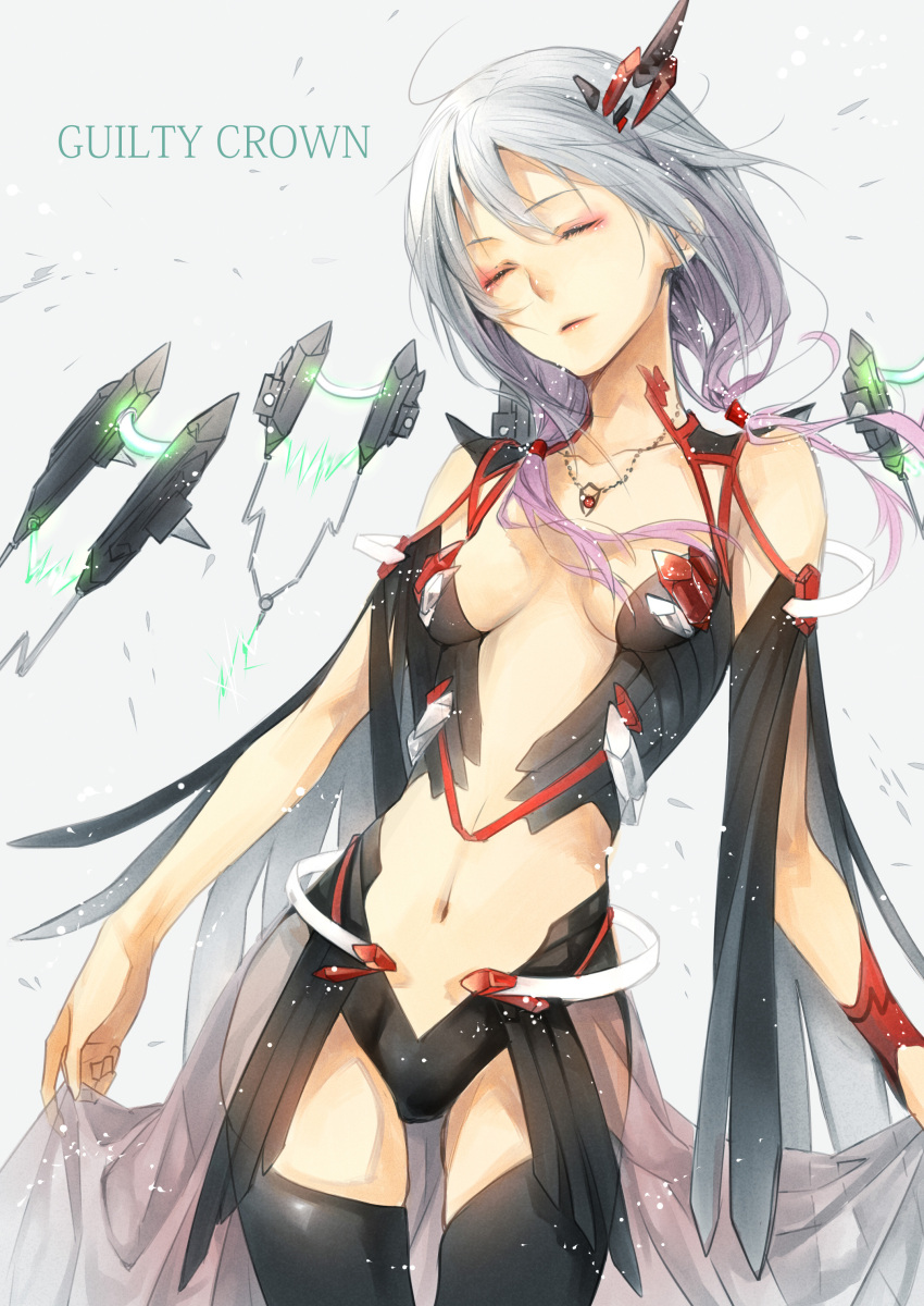 absurdres alternate_hair_color black_legwear breasts breasts_apart closed_eyes english eyes_closed guilty_crown hair_ornament highres jewelry kazari_tayu long_hair navel necklace no_bra open_clothes silver_hair solo tayuya1130 thigh-highs thighhighs title_drop twintails yuzuriha_inori