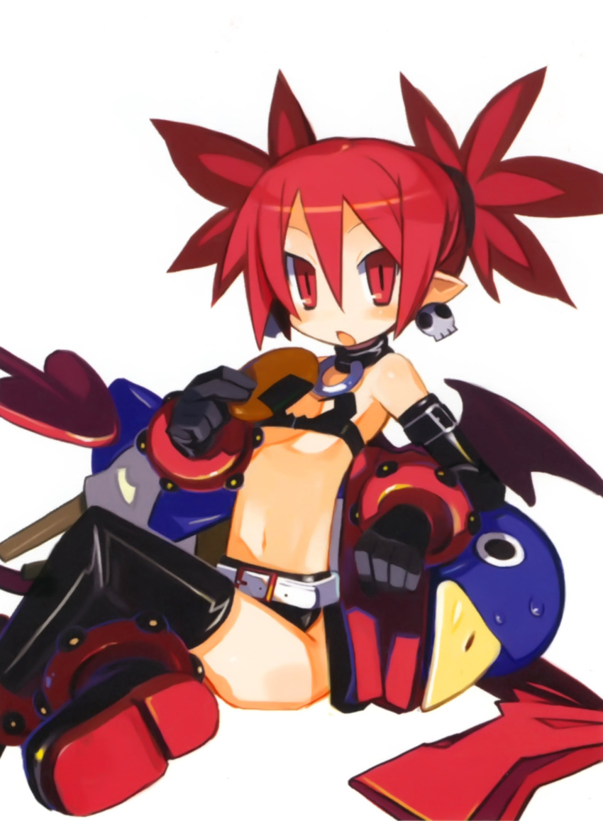absurdres anklet bare_shoulders bat_wings belt black_gloves black_legwear boots bracelet choker cookie demon_tail disgaea earrings elbow_gloves etna flat_chest food gloves harada_takehito highres jewelry midriff miniskirt navel nippon_ichi open_mouth pointy_ears prinny red_eyes red_hair red_scarf redhead scarf short_twintails sitting skirt skull sweatdrop tail thigh-highs thigh_boots thighhighs twintails wings