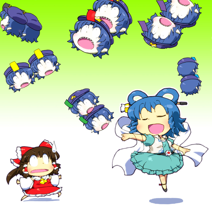 brown_hair fang gomi_ichigo hair_ornament hairpin hakurei_reimu hat highres kaku_seiga miyako_yoshika ofuda sweatdrop touhou