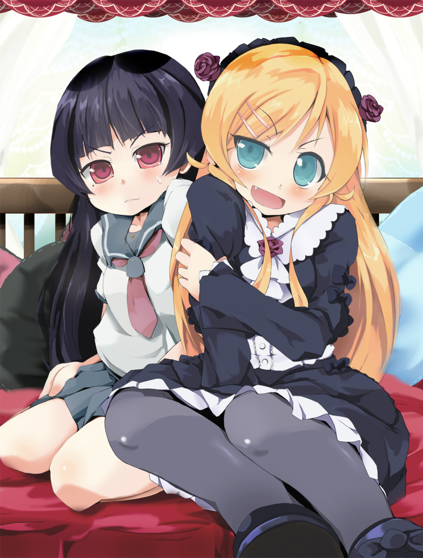 black_hair blue_eyes cosplay costume_switch fang gokou_ruri gothic_lolita highres kousaka_kirino lolita_fashion long_hair orange_hair ore_no_imouto_ga_konna_ni_kawaii_wake_ga_nai pantyhose rakkogawa_rinro red_eyes school_uniform serafuku