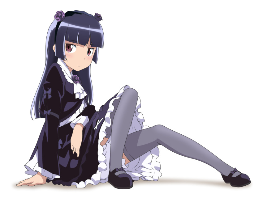 alternate_legwear black_hair crossed_legs flower gokou_ruri gothic_lolita grey_legwear hair_flower hair_ornament legs_crossed lolita_fashion lolita_hairband lolita_headband long_hair mole ore_no_imouto_ga_konna_ni_kawaii_wake_ga_nai purple_eyes simple_background sitting smile_(rz) solo thigh-highs thighhighs violet_eyes white_background