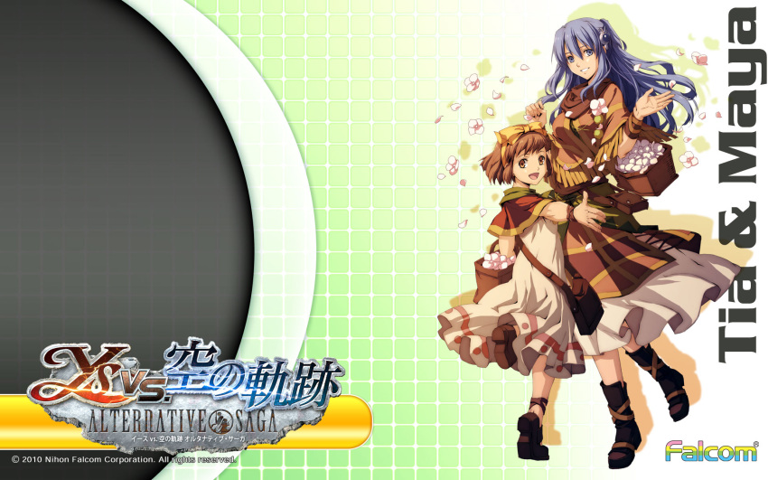2girls bag basket blue_eyes blue_hair brown_eyes brown_hair character_name dress enami_katsumi falcom flower hair_ornament hairpin highres logo long_hair maya_(ys7) maya_(ys_vii) multiple_girls official_art shoes short_hair smile tia tia_(ys_vii) title_drop ys ys_seven ys_vii ys_vs_sora_no_kiseki_alternative_saga