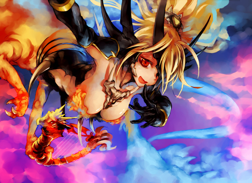 blonde_hair breasts cleavage dragon dragon_devil_queen_dragoon gloves ikuhana_niiro queen_dragoon red_eyes solo yu-gi-oh! yuu-gi-ou yuu-gi-ou_duel_monsters