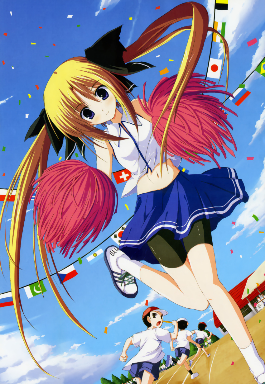 1girl 3boys absurdres baseball_cap bike_shorts black_hair blonde_hair brown_eyes cheerleader cloud dutch_angle female flag hat highres hiiragi_nazuna long_hair looking_at_viewer looking_back male midriff multiple_boys navel open_mouth pom_poms purple_eyes running shorts shorts_under_skirt skirt sky smile socks standing_on_one_leg track_and_field tsukisome_no_kasa twintails white_legwear