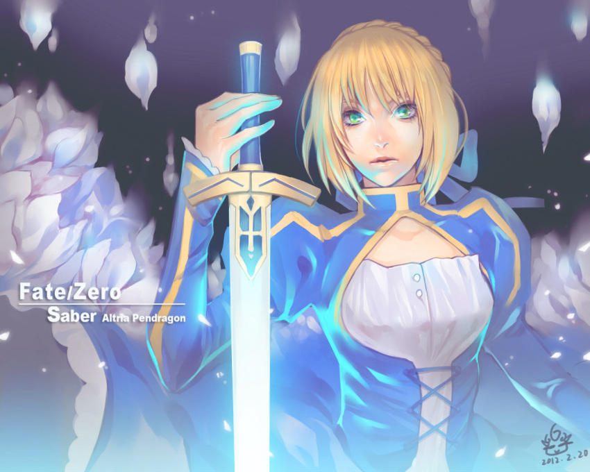 ahoge blonde_hair character_name dated dress excalibur fate/zero fate_(series) flower glowing glowing_sword glowing_weapon green_eyes hair_ribbon lips petals realistic ribbon saber signature solo sword syusuke0229 title_drop weapon