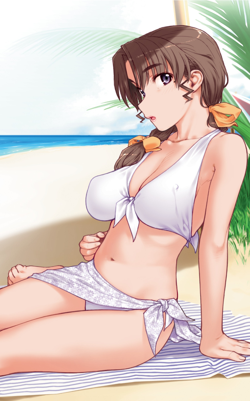 :o absurdres beast bikini black_eyes blanket breasts brown_hair character_request highres kiriyama_taichi kyoko_(sweet_home) long_hair morobashi_kyouko navel outdoors sitting solo sweet_home swimsuit white_bikini