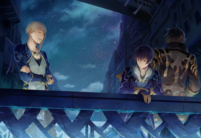alvin_(tales_of_xillia) black_hair blonde_hair brown_eyes closed_eyes coat crossed_arms eyes_closed gloves jewelry jude_mathis klein_schall male multiple_boys necklace night runia smile tales_of_(series) tales_of_xillia