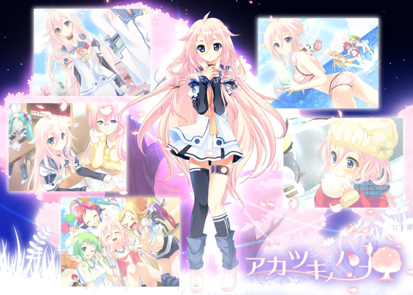 >_< ahoge ass bikini blue_eyes blush bonnet boots braid cherry_blossoms child-box choker closed_eyes cul eating grin gumi hatsune_miku ia_(vocaloid) kagamine_len kagamine_rin kaito kamui_gakupo lily_(vocaloid) long_hair looking_at_viewer megurine_luka midriff miki mismatched_legwear navel o-ring_bottom open_mouth pink_hair sf-a2_miki shorts single_thighhigh skirt smile solo swimsuit takoluka thigh-highs thigh_strap thighhighs tied_shirt twin_braids v very_long_hair vocaloid wink