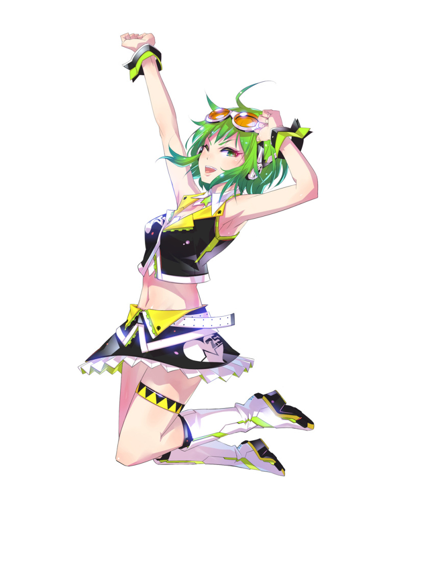 ahoge armpits arms_up bare_shoulders boots goggles goggles_on_head green_eyes green_hair gumi highres looking_at_viewer monq navel open_mouth short_hair simple_background skirt smile solo thigh_strap vocaloid wink wrist_cuffs