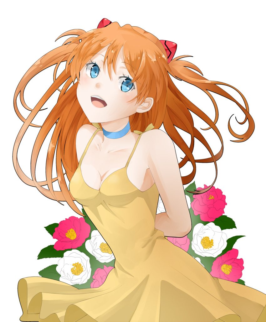 arms_behind_back blue_eyes blush dress highres kamiya_ryuu long_hair neon_genesis_evangelion open_mouth orange_hair sleeveless sleeveless_dress smile solo soryu_asuka_langley souryuu_asuka_langley
