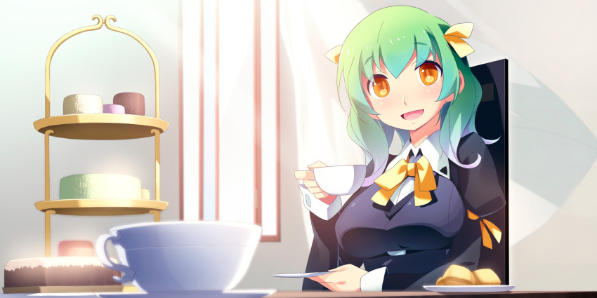 game_cg gradient_hair green_hair highres kaminoyu koushina_ayano multicolored_hair orange_eyes ribbon tea