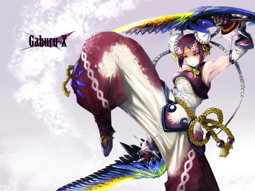armpits bare_shoulders bracelet bun_cover capcom character_name chinese_clothes double_bun dual_wielding fighting_stance gloves gobul_(armor) highres jewelry leg_up monster_hunter monster_hunter_3_g purple_eyes purple_hair rope ryu_ichi sadamatsu_ryuuichi short_hair solo spiked_bracelet spikes violet_eyes