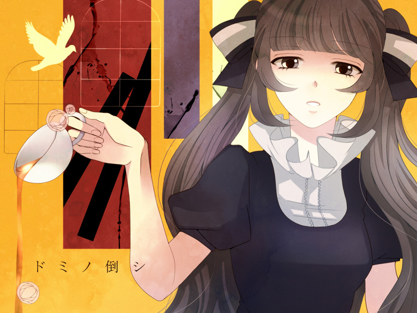 alternate_hair_color bad_id bird brown_eyes brown_hair cup domino_taoshi_(vocaloid) dress hair_ribbon hatsune_miku ribbon rinko_(41r) solo tea teacup twintails vocaloid