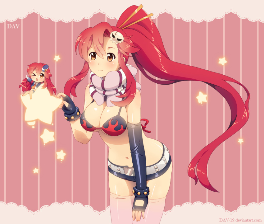breasts chibi cleavage dav-19 dual_persona fingerless_gloves garrison_cap gloves hair_ornament hat long_hair navel necktie pieces_of_sweet_stars ponytail red_hair redhead scarf short_shorts shorts smile star tengen_toppa_gurren_lagann thigh-highs thighhighs wink yellow_eyes yoko_littner
