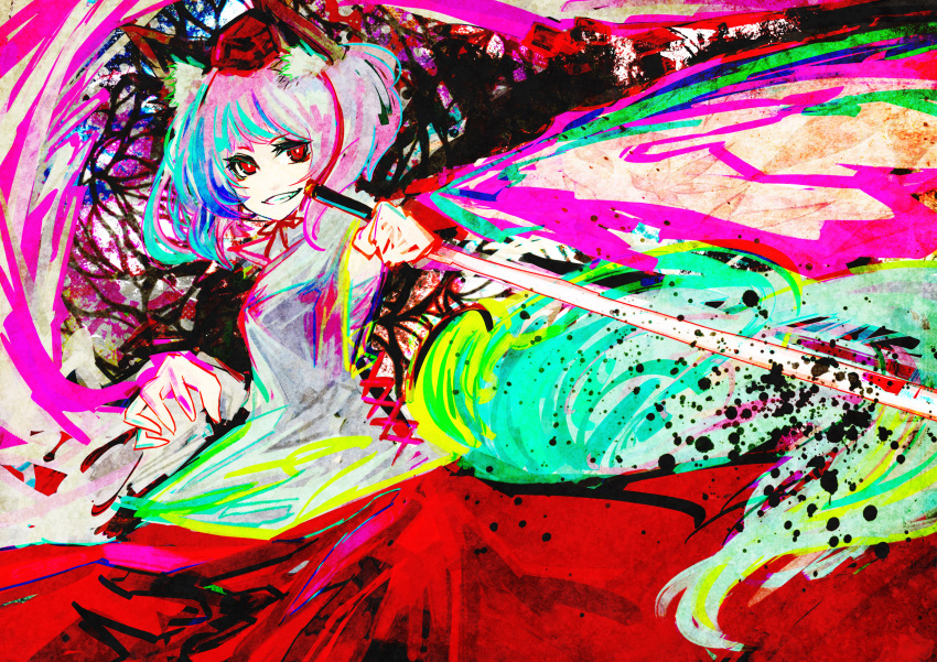@_@ akasia animal_ears hat highres inubashiri_momiji red_eyes solo sword tokin_hat touhou weapon white_hair