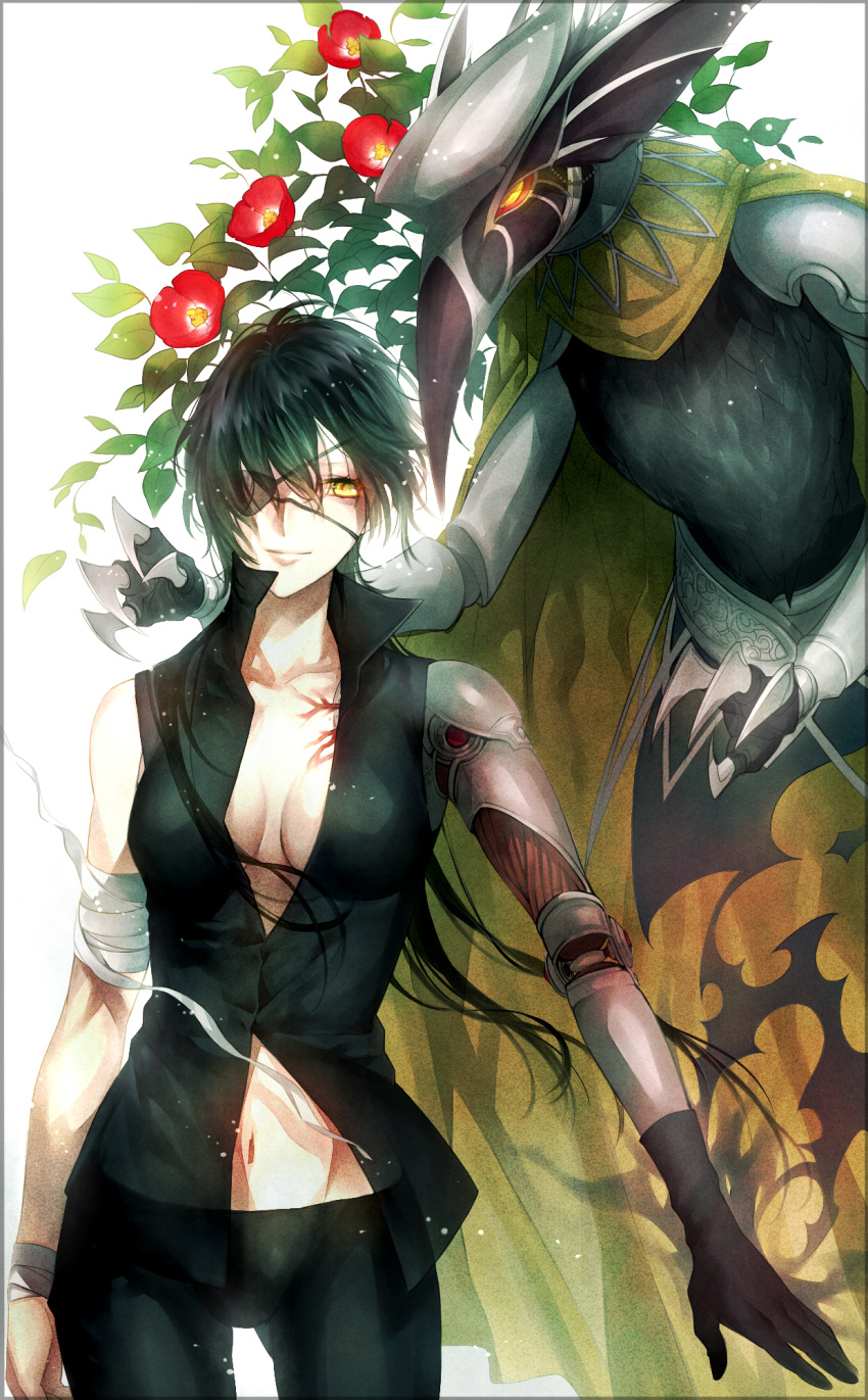 black_hair eyepatch flower gloves highres kazari_tayu navel original prosthesis tayuya1130 veins yellow_eyes