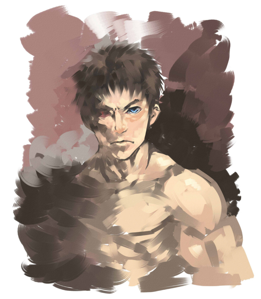 ash_(dinosaur) blue_eyes brown_background brown_hair dinosaur_(game) falcom heterochromia highres male okishi_jien okishiji_en red_eyes rough serious shirtless solo
