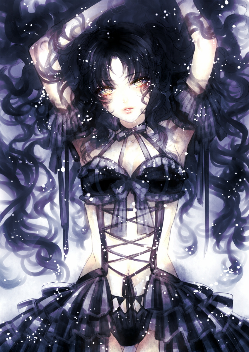arms_up black_hair bra dress highres kazari_tayu lingerie lips lying navel original snow solo tayuya1130 underwear yellow_eyes