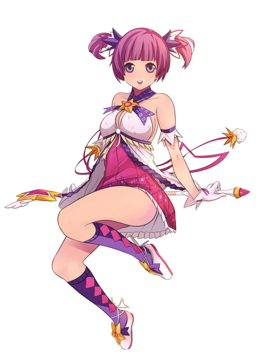 aisha_(elsword) argyle argyle_legwear bare_shoulders breasts cleavage elsword fullluv highres kneehighs purple_eyes purple_hair short_twintails sideboob simple_background solo staff twintails violet_eyes white_background
