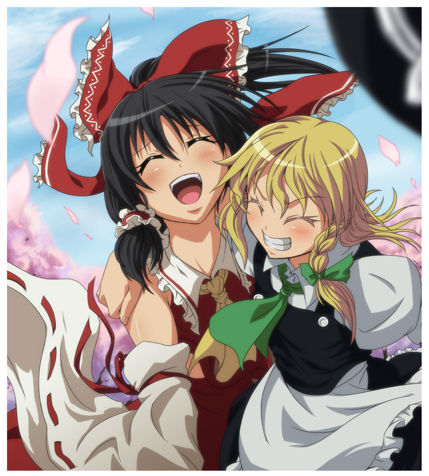 ^_^ arm_around_neck ascot black_hair blonde_hair blurry bow braid cherry_blossoms closed_eyes depth_of_field detached_sleeves eyes_closed friends hair_bow hair_tubes hakurei_reimu hat hat_removed headwear_removed highres kirisame_marisa konton_nabe long_hair miko multiple_girls open_mouth petals single_braid touhou witch witch_hat