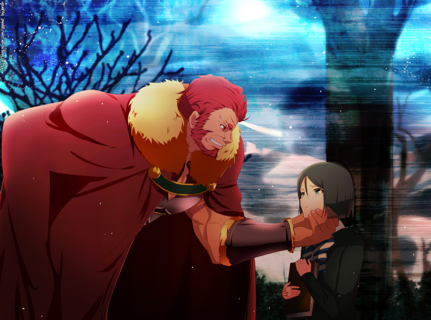 1girl 2boys bangs beard black_hair bob_cut bow cape eyebrows facial_hair fate/zero fate_(series) genderswap ggokd green_eyes hand_on_another's_face hand_on_another's_face jeran_(ggokd) multiple_boys necktie parody parted_bangs red_eyes red_hair redhead rider_(fate/zero) vambraces waver_velvet