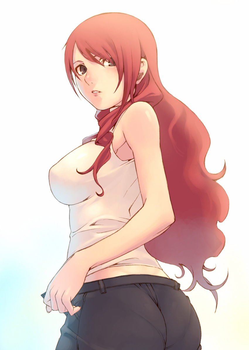 absurdres ass bare_shoulders breasts brown_eyes highres kirijou_mitsuru large_breasts long_hair looking_back pantylines persona persona_3 red_hair redhead simple_background solo tank_top tasaka_shinnosuke unbuttoned white_background
