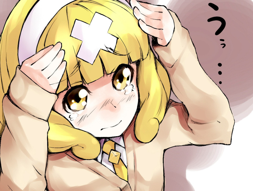 bandage bandages blonde_hair blush cardigan hairband hands_on_head kise_yayoi looking_up merumayu precure short_hair smile_precure! solo sweater tears translated yellow_eyes