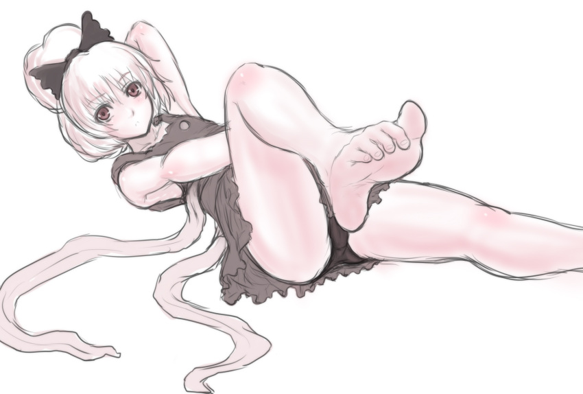 barefoot bow feet hair_bow highres kuro_suto_sukii kurodani_yamame legs monochrome nazrin ponytail short_hair soles solo toes touhou