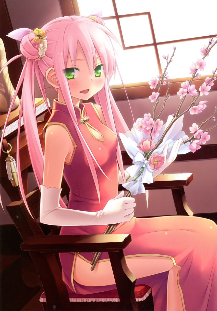 absurdres bare_shoulders cafe_sourire chair china_dress chinese_clothes double_bun elbow_gloves eretto flower gayarou gloves green_eyes highres looking_at_viewer mizushima_serika pink_hair side_slit sitting smile solo twintails white_gloves