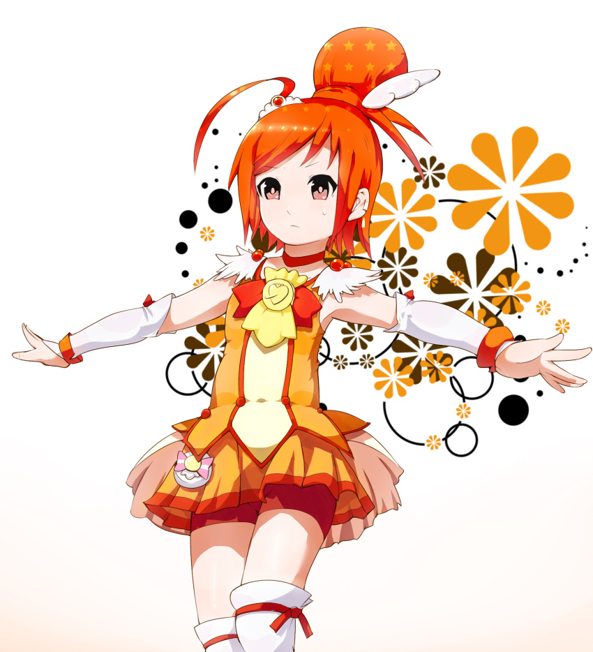 besi323 bike_shorts bowtie brooch choker cure_sunny dress floral_background flower hair_bun hair_ornament hairpin highres hino_akane jewelry magical_girl orange_dress orange_eyes orange_hair outstretched_arms precure short_hair shorts_under_skirt skirt smile_precure! solo spread_arms thigh-highs thighhighs white_background white_legwear