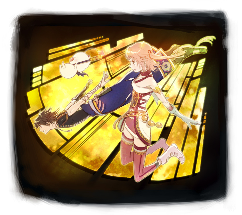 bad_id brown_hair final_fantasy final_fantasy_xiii final_fantasy_xiii-2 gloves jewelry mog necklace noel_kreiss pink_hair serah_farron smile staff wings