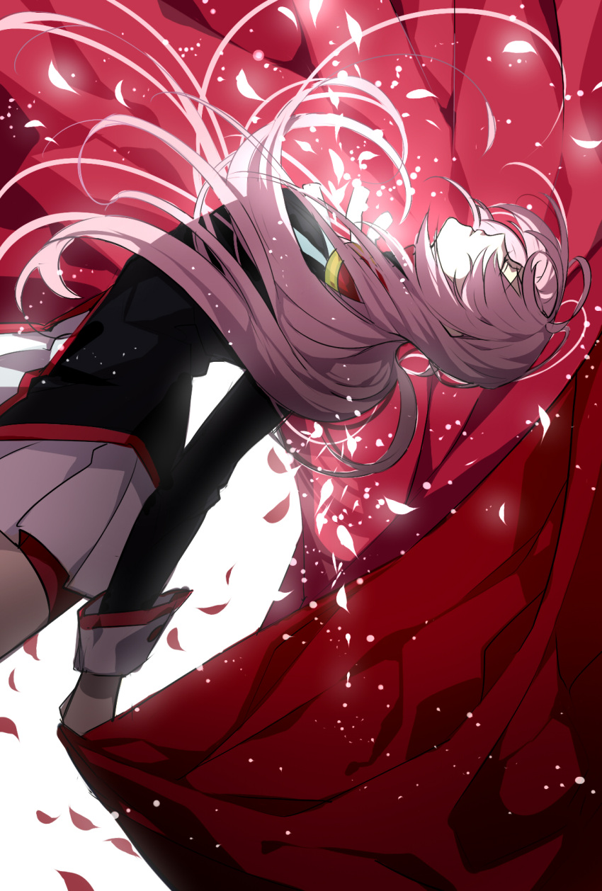 arched_back bike_shorts cape closed_eyes epaulettes eyes_closed glowing highres kazari_tayu long_hair petals pink_hair shoujo_kakumei_utena skirt solo tayuya1130 tenjou_utena