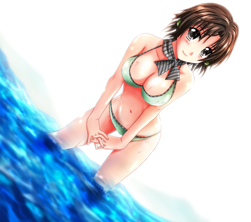 ascot bikini black_eyes breasts brown_hair cleavage dutch_angle feet_in_water large_breasts leaning_forward light_smile masaki_nonoka navel otoki_raku photokano scarf shiny shiny_skin soaking_feet swimsuit wading water