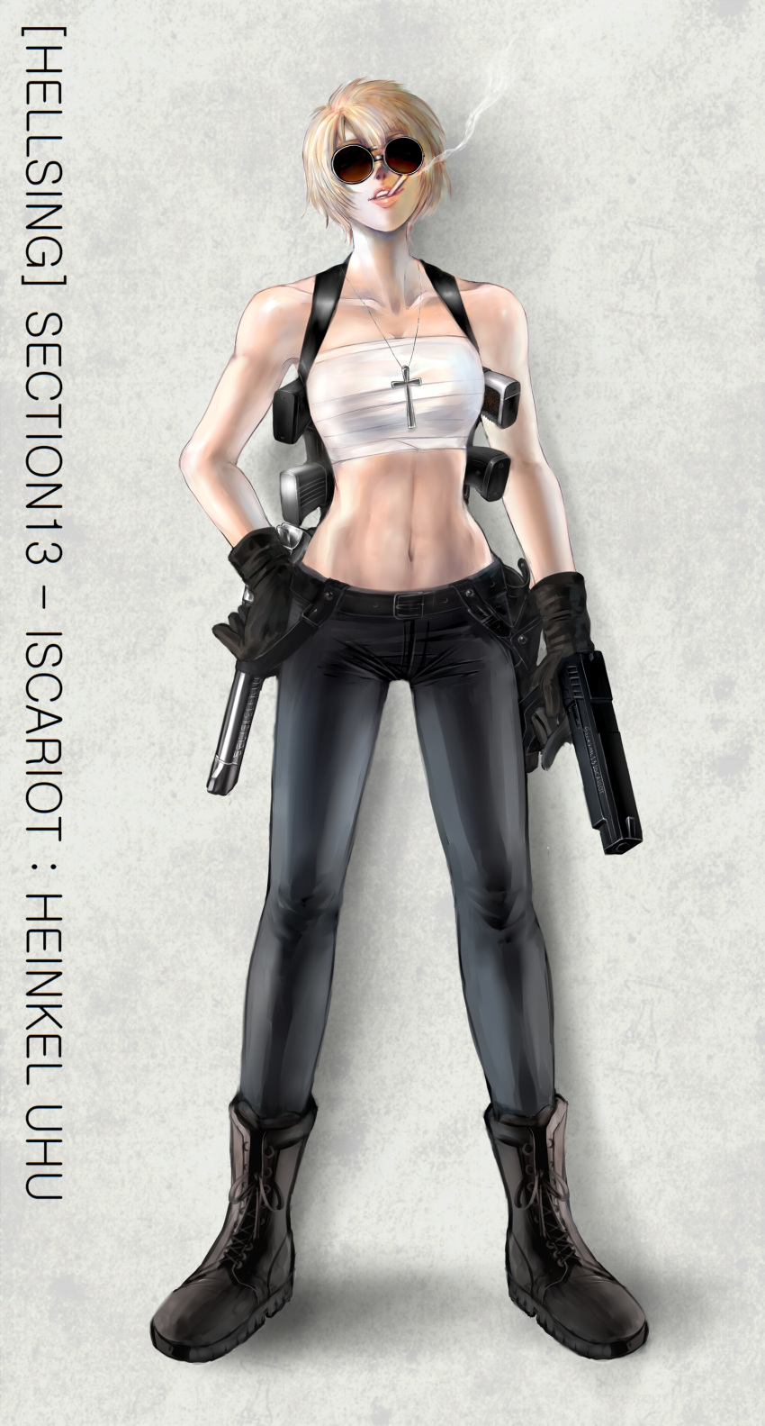 absurdres akubi_(fyfy) blonde_hair boots cigarette collarbone gloves gun hand_on_hip handgun heinkel_wolfe hellsing highres lips navel sarashi short_hair solo standing sunglasses weapon