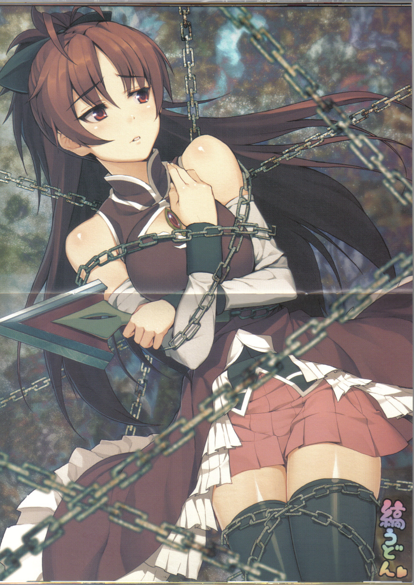 absurdres antenna_hair artist_request bow chain chains crease crossed_arms frills hair_bow highres magical_girl mahou_shoujo_madoka_magica nitroplus official_art polearm ponytail red_eyes red_hair redhead sakura_kyouko scan shaft skirt spear thigh-highs thighhighs weapon