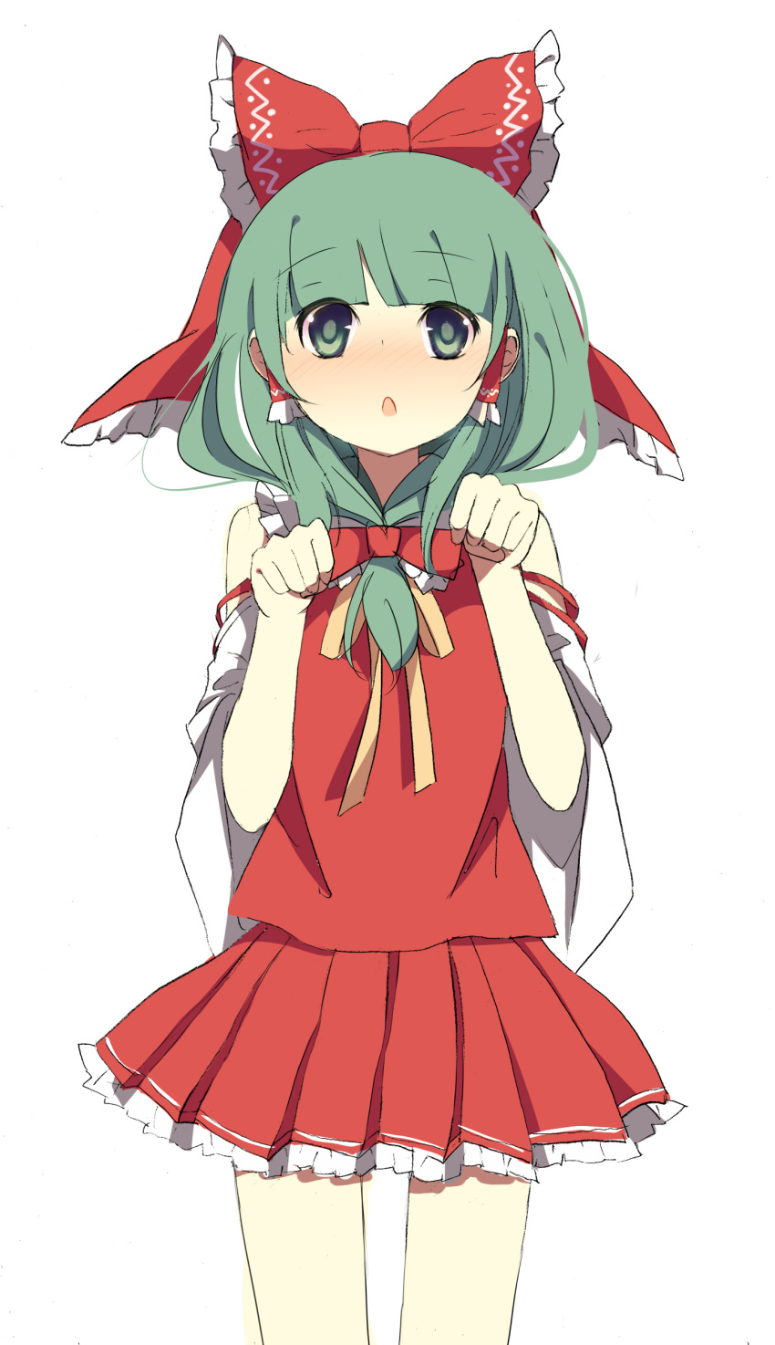 :o absurdres bad_id bow cosplay detached_sleeves enje_(pixiv3289887) front_ponytail green_eyes green_hair hair_bow hair_tubes hakurei_reimu hakurei_reimu_(cosplay) highres kagiyama_hina miko paw_pose simple_background skirt skirt_set solo touhou white_background