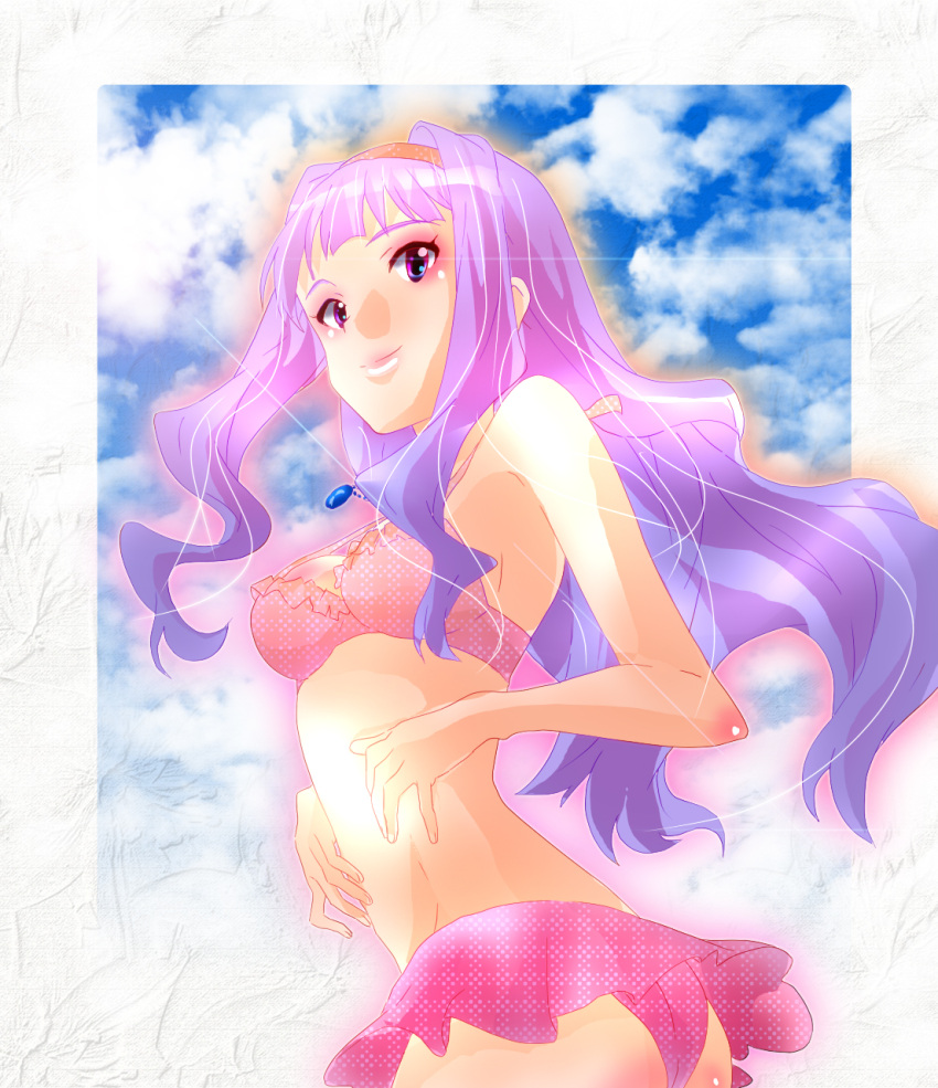 airi_(snowdrop_cc) ass bikini bikini_skirt breasts colored hairband highres idolmaster jewelry long_hair midriff multicolored_eyes necklace ninjiso polka_dot purple_hair shijou_takane snowdrop_cc solo strap_gap swimsuit