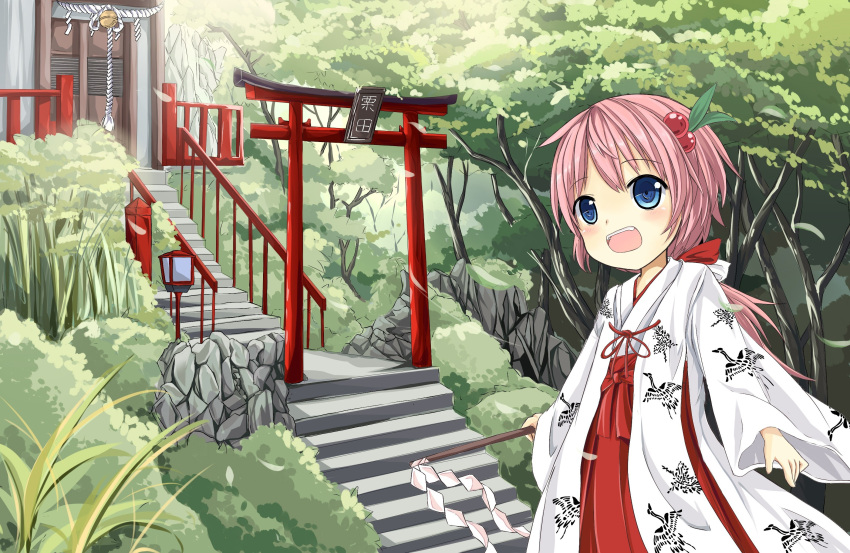 bad_id bell blue_eyes blush child flat_chest forest gohei hair_bobbles hair_ornament hair_ribbon highres japanese_clothes miko nature open_mouth original pink_hair ponytail ribbon sakuraba_hikaru_(artist) sash shrine shrine_bell solo stairs torii