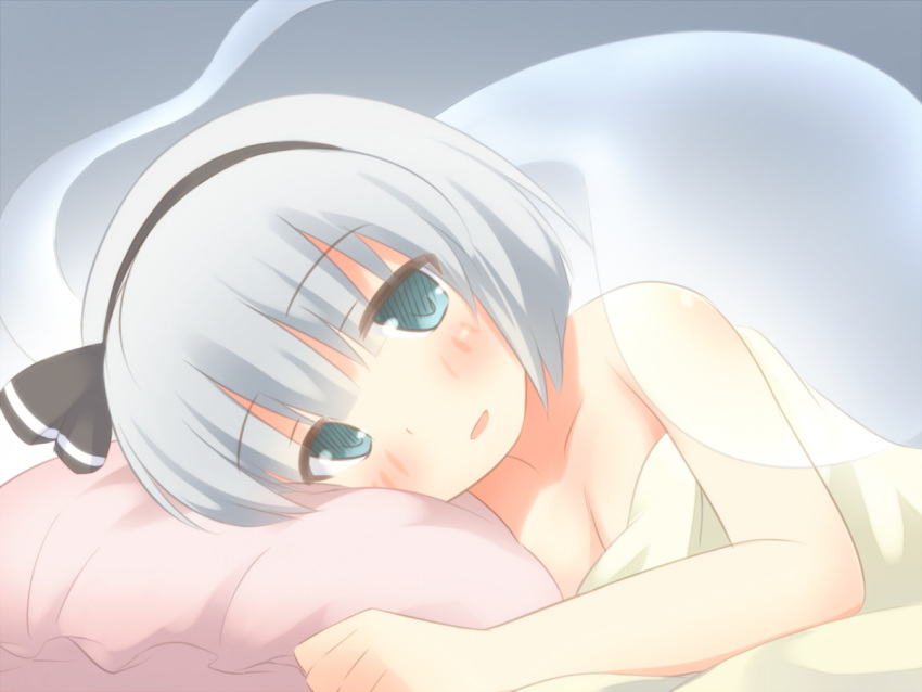 bare_shoulders blue_eyes grey_background grey_hair hair_ribbon hairband konpaku_youmu konpaku_youmu_(ghost) lying nude on_side open_mouth pillow ran_(9ens2000) ribbon short_hair solo touhou